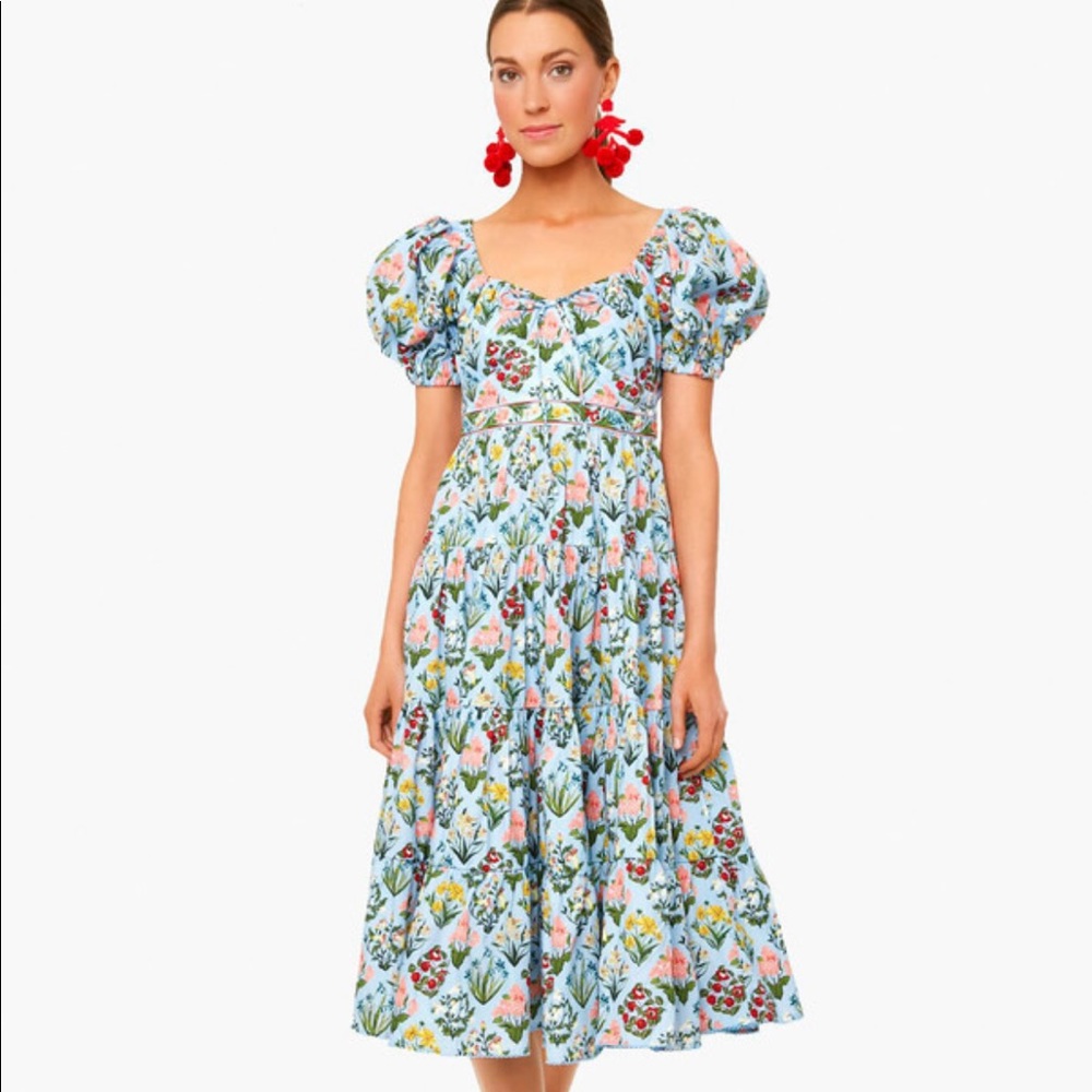 NWT Agua Bendita Palmera Magdalena Day Cotton Midi Dress Blue Floral Print S